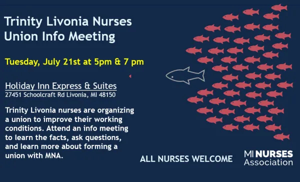Flyer advertising Trinity Livonia nurses' meeting on July 21
